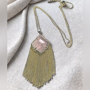 Kendra Scott Long Rose Quartz Statement Pendant Necklace NWT Gold Tone